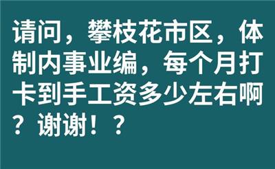 请问，攀枝花市区，体制内事业编，每个月打卡到手工资多少左右啊？谢谢！？